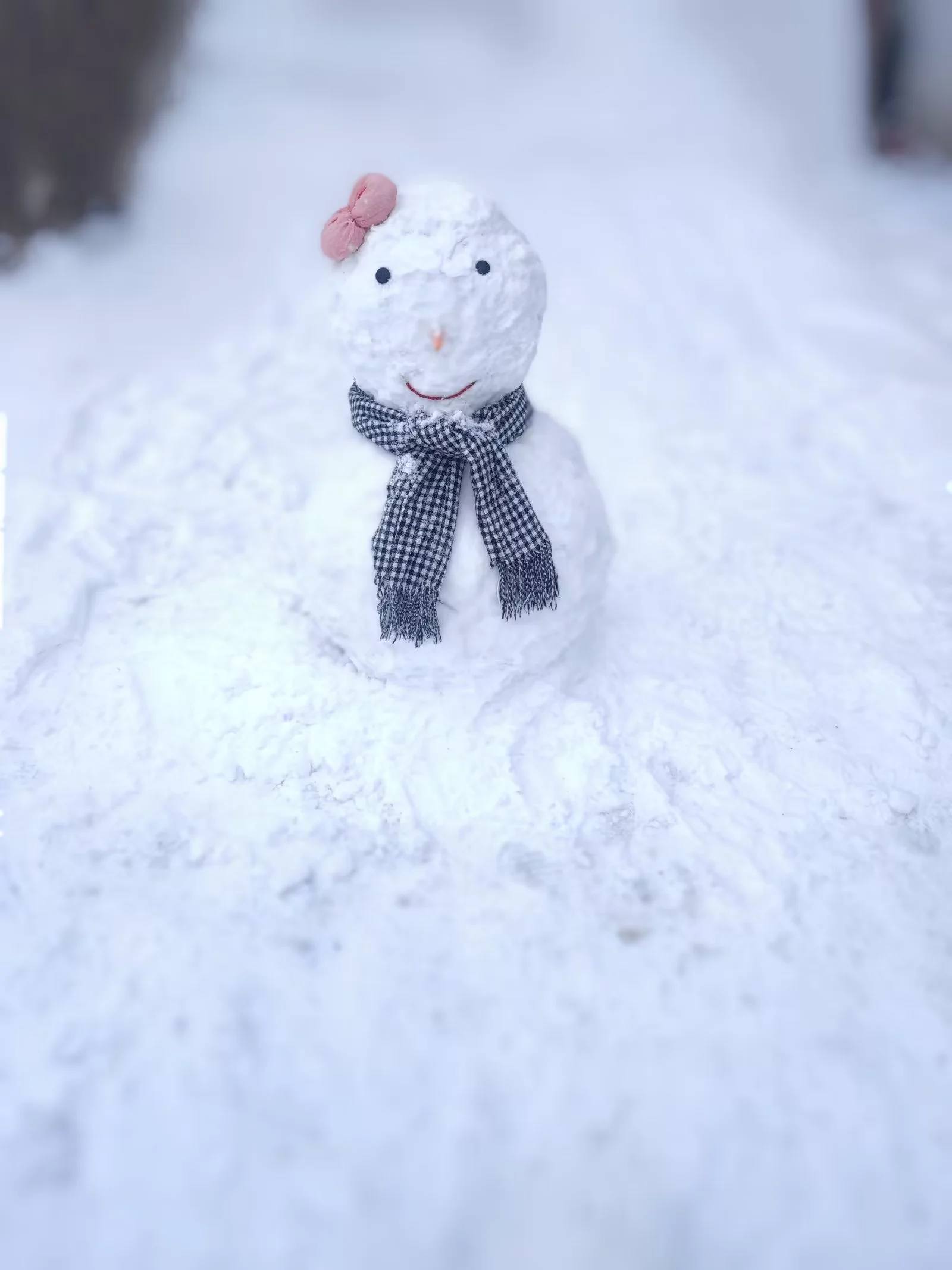 A small smiling snowman wearing a checkered scarf and pink bow stands in a snowy outdoor scene.