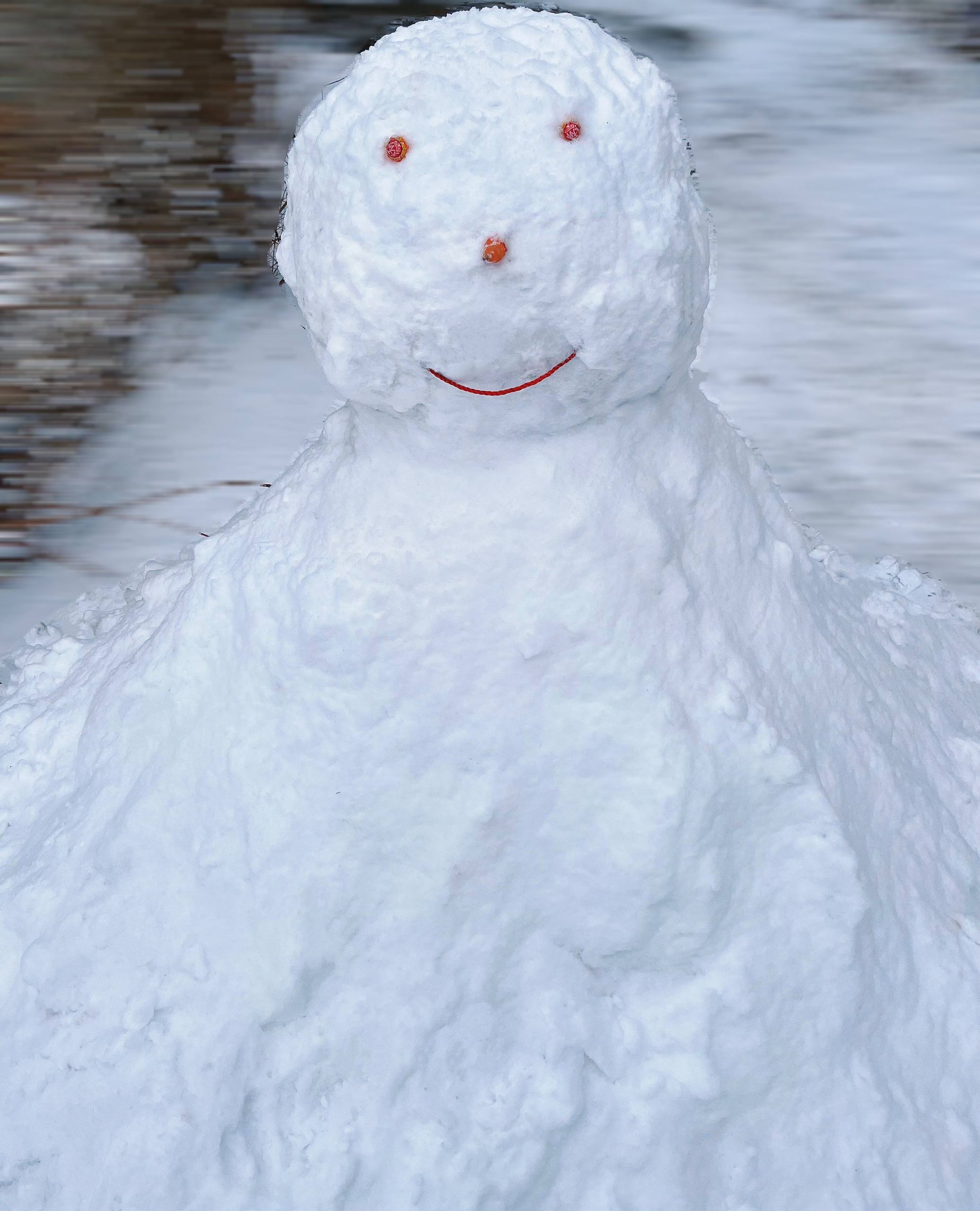 Close-up of a handmade snowman with red-orange eyes, an orange nose, and a red smiling mouth.