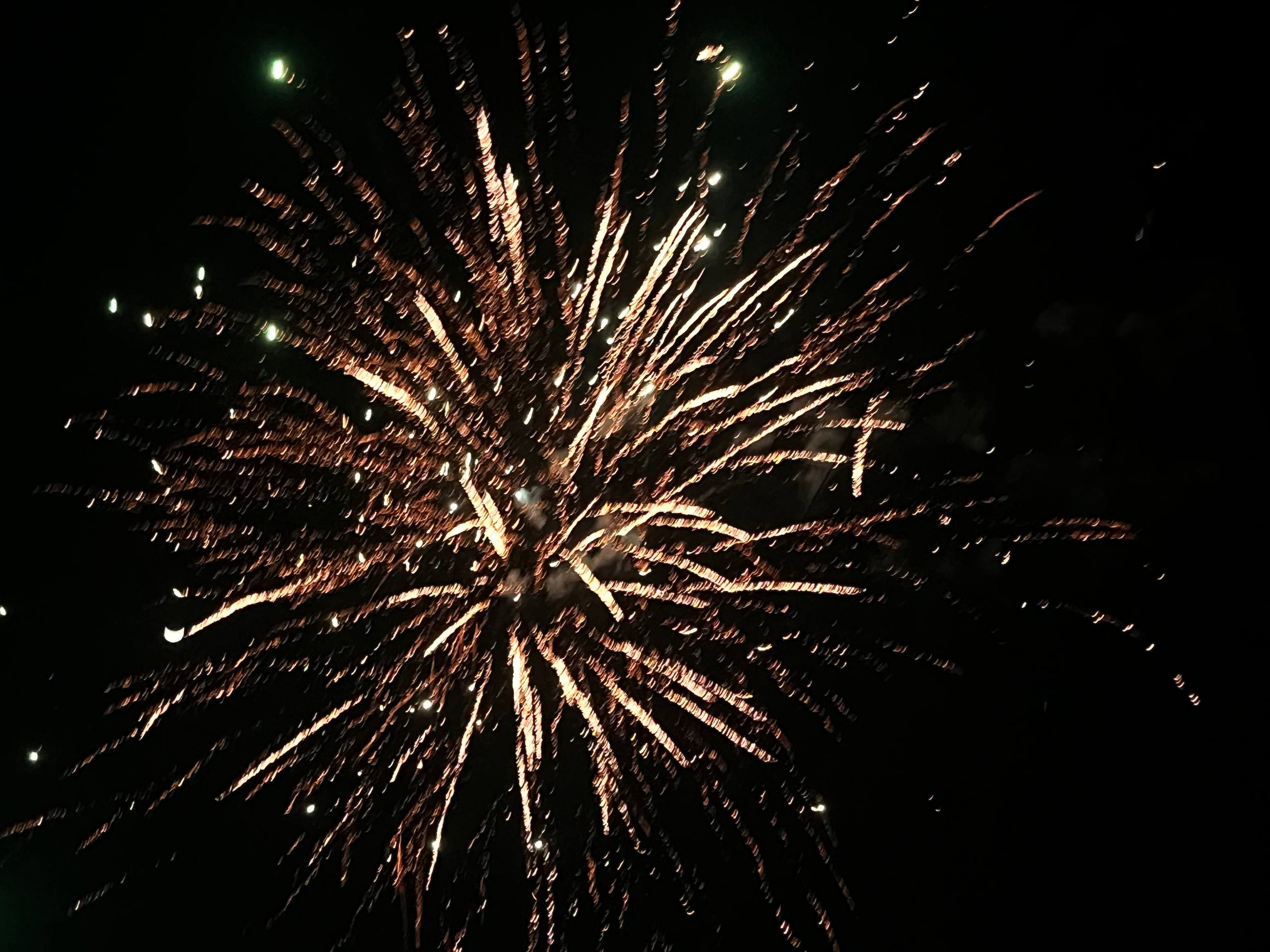 Large golden-orange firework burst filling the night sky with blurred sparkling trails.