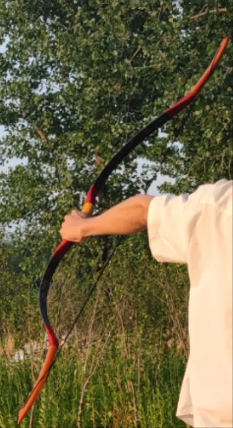 A person holding a bow outdoors on a grassy field.