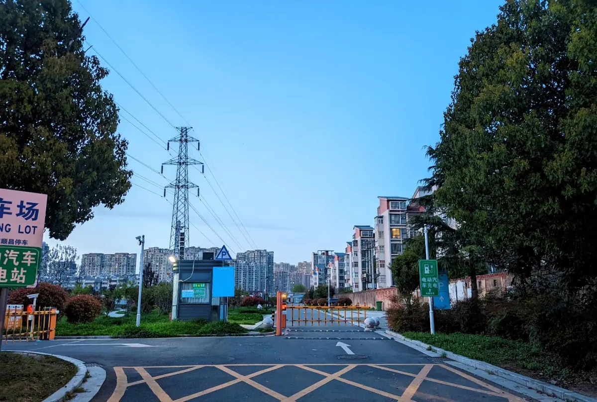 A quiet road with trees, signs, and power lines under a blue sky.